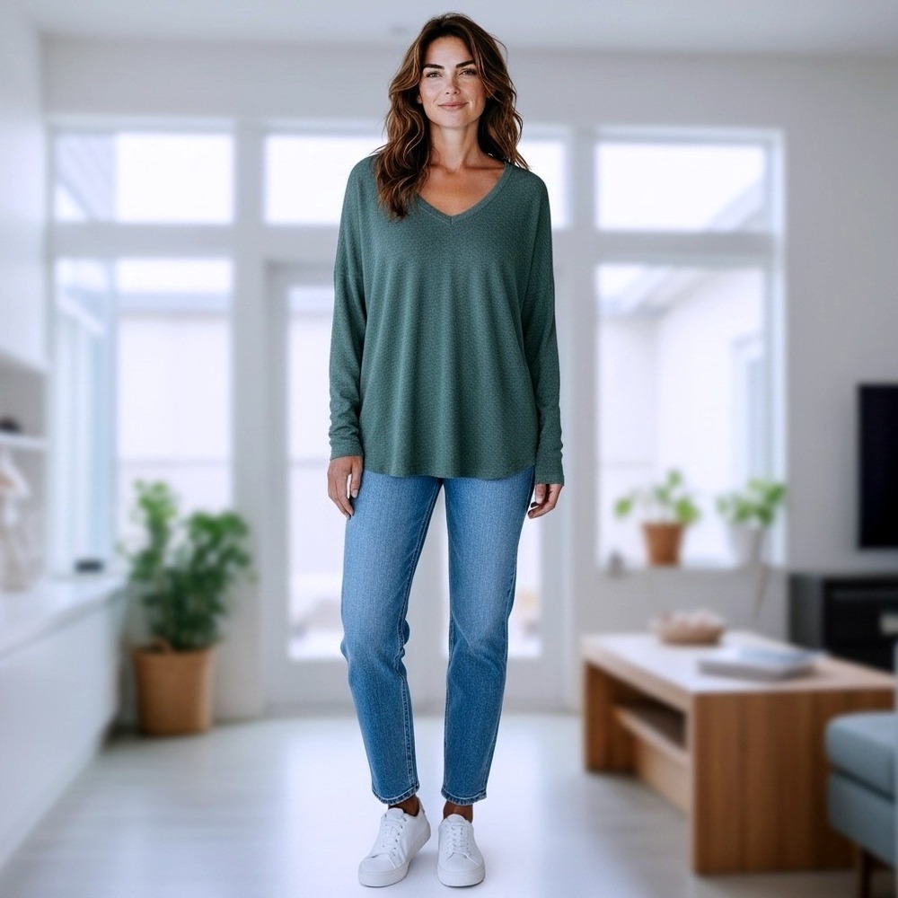 Well Worn Womens Green V-Neck Long Sleeve Knit Top Size Medium RN163824